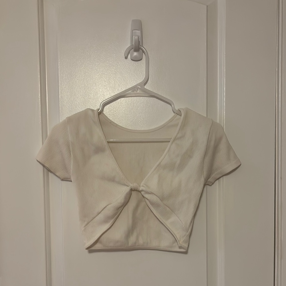 Cream Tie Front Crop Blouse with Short Sleeves